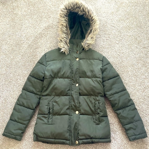 CI Sono Kids Green Faux Fur Hooded Zip Up Puffer Coat XS/7 - Picture 1 of 8